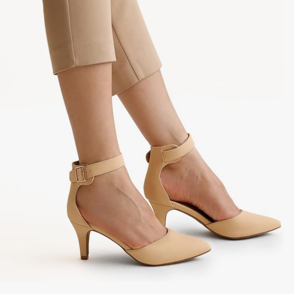Dream Pairs Beige Pointed-Toe Ankle-Strap Kitten‎ Heels
